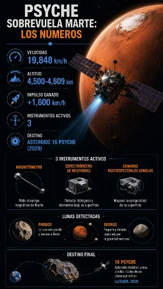 Infografia con datos de sobrevuelo de Marte: 19 mil 848 km por hora, 4 mil 500 km altitud, destino asteroide 16 Psyche en 2029