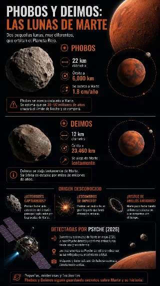 Infografia: Phobos 22 km se acerca a Marte, Deimos 12 km se aleja, origen desconocido