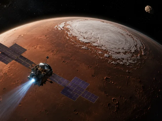 Nave espacial Psyche sobrevolando Marte con paneles solares desplegados, Phobos y Deimos visibles