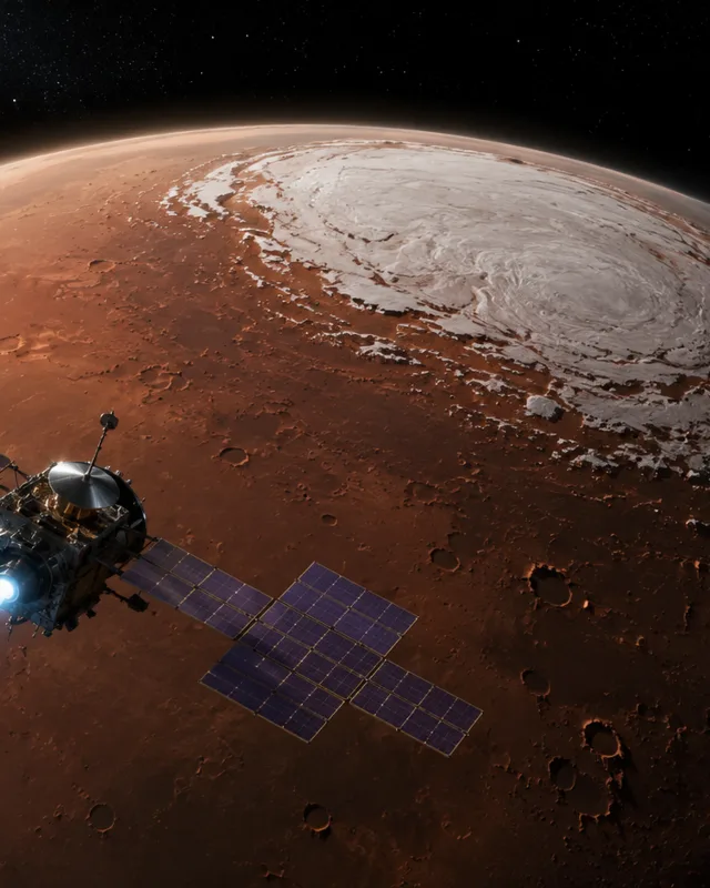 Nave espacial Psyche sobrevolando Marte con paneles solares desplegados, Phobos y Deimos visibles
