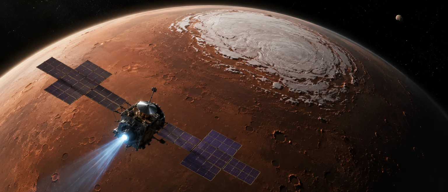 Nave espacial Psyche sobrevolando Marte con paneles solares desplegados, Phobos y Deimos visibles