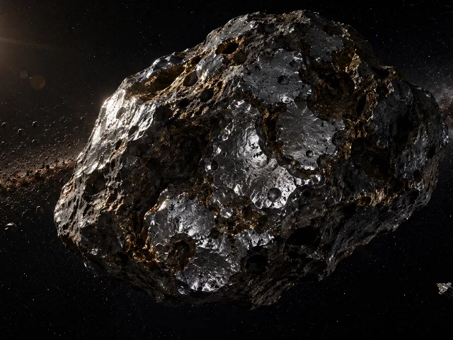 Asteroide 16 Psyche con superficie metalica, crateres, mision NASA aproximandose