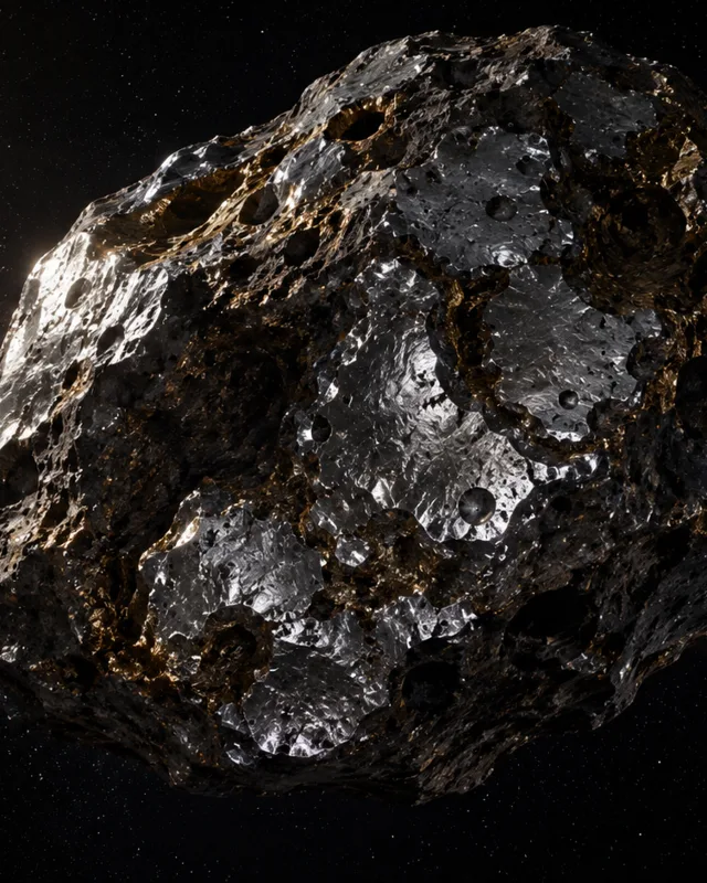 Asteroide 16 Psyche con superficie metalica, crateres, mision NASA aproximandose