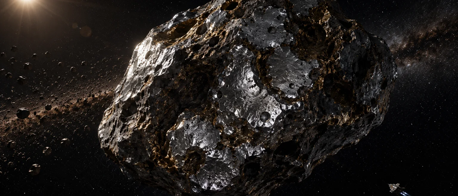 Asteroide 16 Psyche con superficie metalica, crateres, mision NASA aproximandose