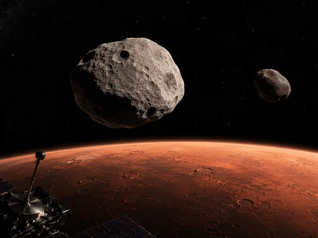 Phobos y Deimos, lunas de Marte, desde la perspectiva de la nave Psyche