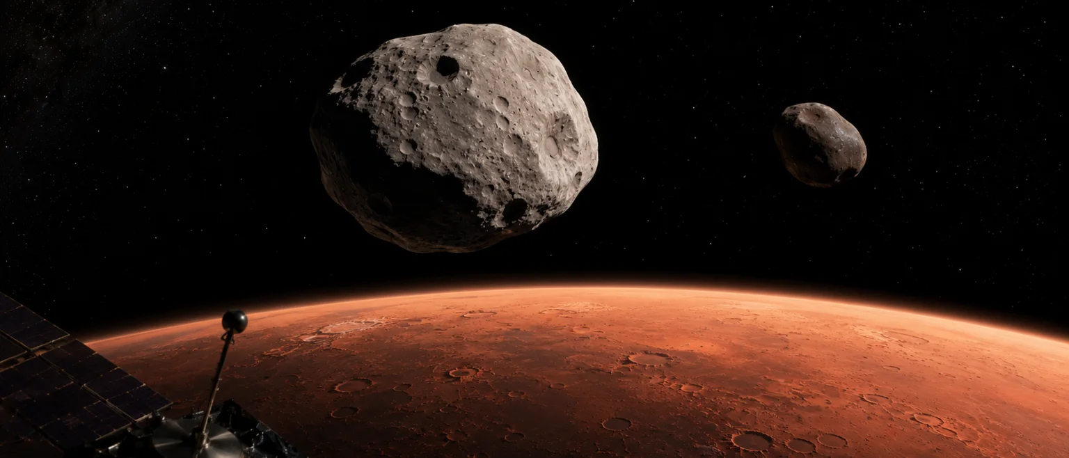 Phobos y Deimos, lunas de Marte, desde la perspectiva de la nave Psyche