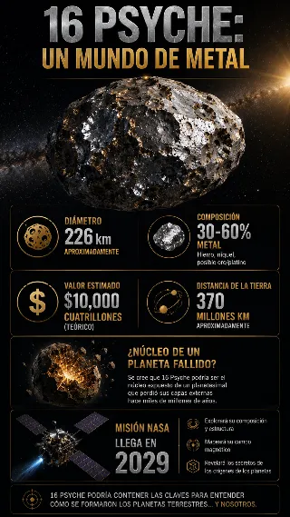 Infografia asteroide 16 Psyche: diametro composicion valor y cronograma mision NASA