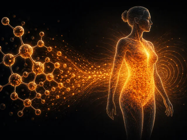 Ilustración de un diagrama molecular en tonos naranja cálido transicionando hacia una silueta corporal con brillo interno representando la quema de grasa
