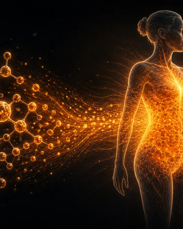 Ilustración de un diagrama molecular en tonos naranja cálido transicionando hacia una silueta corporal con brillo interno representando la quema de grasa