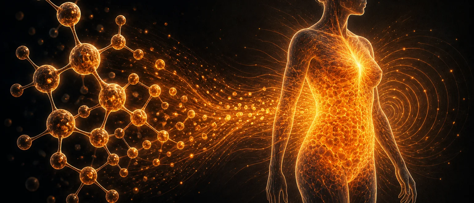 Ilustración de un diagrama molecular en tonos naranja cálido transicionando hacia una silueta corporal con brillo interno representando la quema de grasa