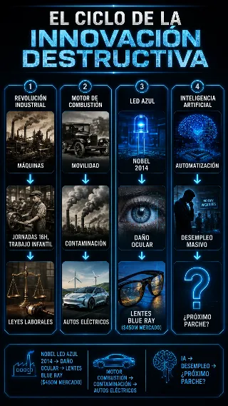 Infografia del ciclo de innovacion destructiva: LED azul, motor combustion, Revolucion Industrial y la pregunta sobre IA