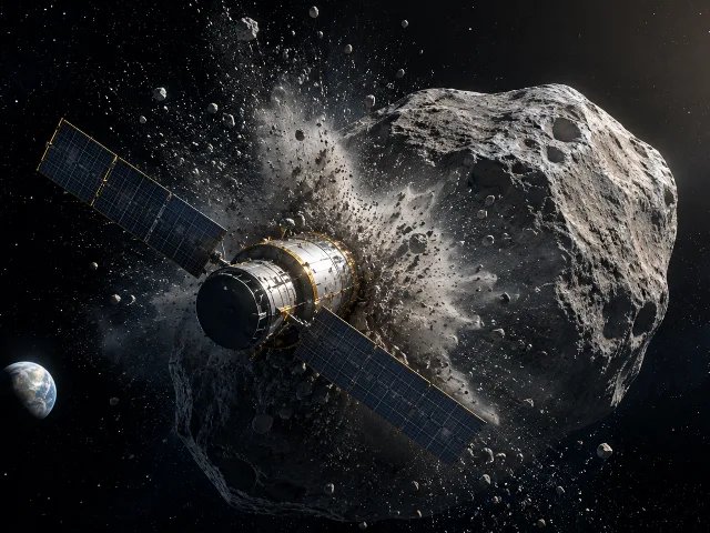 Sonda espacial impactando un asteroide rocoso con escombros expandiendose en el espacio