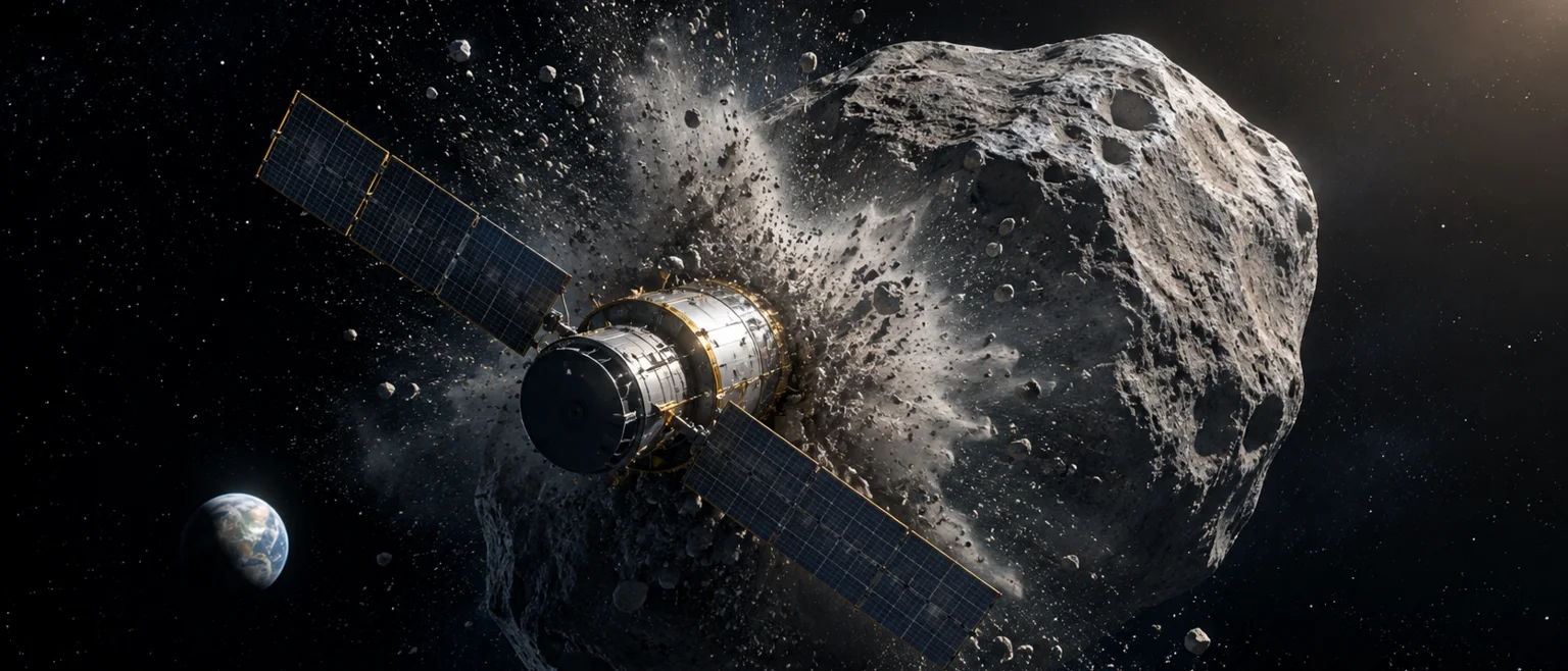 Sonda espacial impactando un asteroide rocoso con escombros expandiendose en el espacio