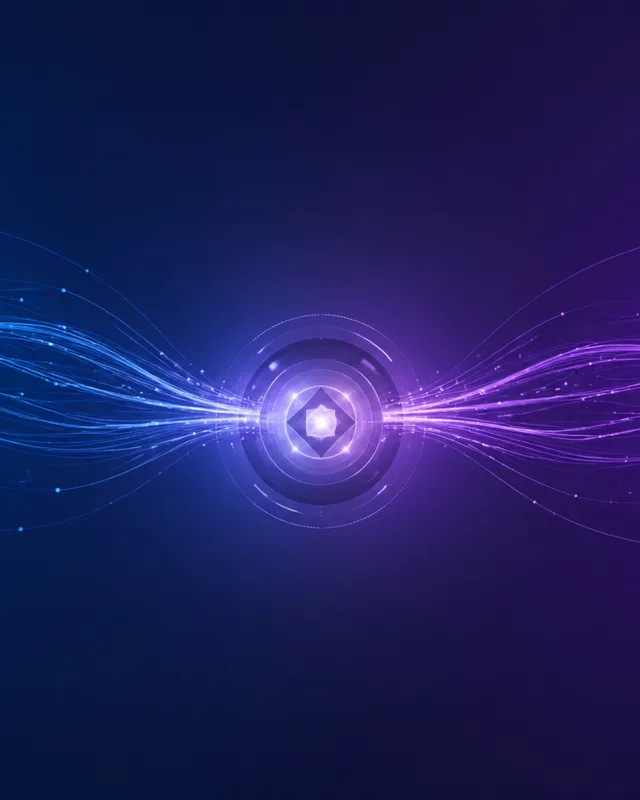 Ilustración abstracta de dos nodos de red geométricos conectados por múltiples líneas de luz sobre fondo azul-violeta oscuro
