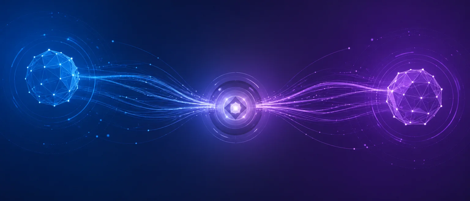 Ilustración abstracta de dos nodos de red geométricos conectados por múltiples líneas de luz sobre fondo azul-violeta oscuro