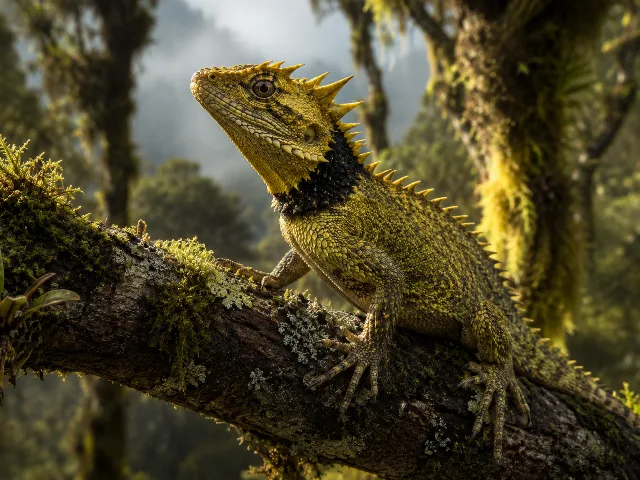 Retrato naturalista de un pequeño lagarto dragón de montaña sobre una rama musgosa en un bosque neblinoso de alta elevación, con coloración verde-amarillenta y collar oscuro