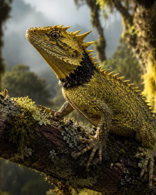 Retrato naturalista de un pequeño lagarto dragón de montaña sobre una rama musgosa en un bosque neblinoso de alta elevación, con coloración verde-amarillenta y collar oscuro