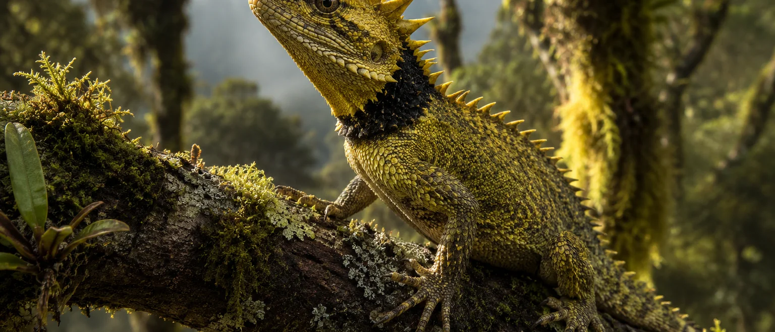 Retrato naturalista de un pequeño lagarto dragón de montaña sobre una rama musgosa en un bosque neblinoso de alta elevación, con coloración verde-amarillenta y collar oscuro