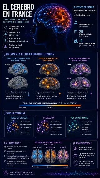 Infografia de la neurociencia del trance con actividad cerebral y estados de conciencia