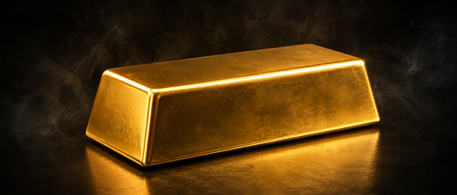 Lingote de oro pulido y brillante sobre un fondo oscuro con reflejos dorados