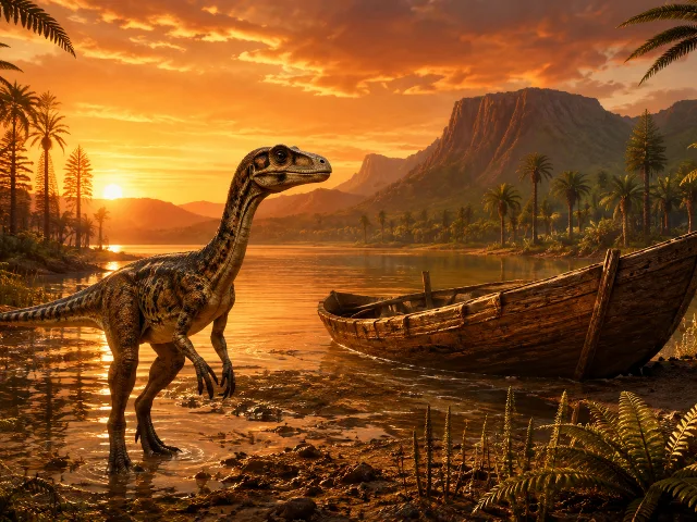 Dinosaurio pequeno bipedo del Triasico junto a lago africano y barco de madera al atardecer