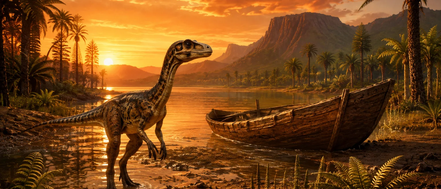 Dinosaurio pequeno bipedo del Triasico junto a lago africano y barco de madera al atardecer