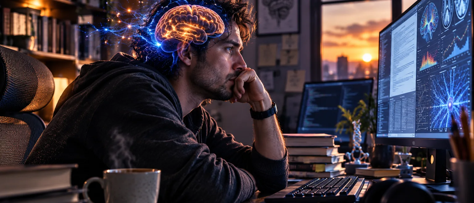Persona agotada frente a pantalla con representacion luminosa del cerebro y energia azul