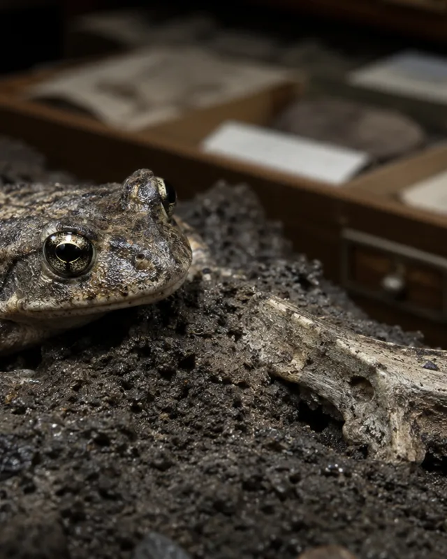 Reconstrucción de un pequeño sapo de la Edad de Hielo junto a un fragmento óseo fosilizado bajo luz de laboratorio