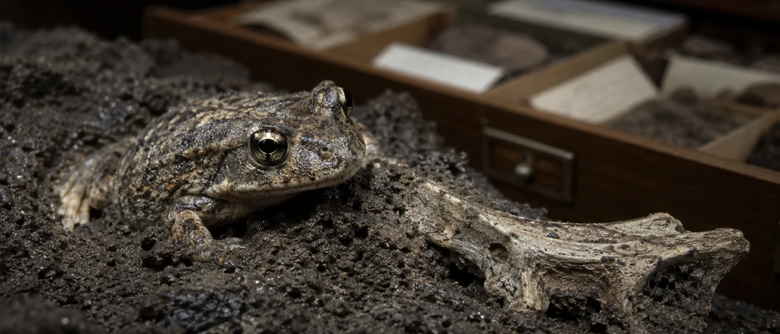 Reconstrucción de un pequeño sapo de la Edad de Hielo junto a un fragmento óseo fosilizado bajo luz de laboratorio