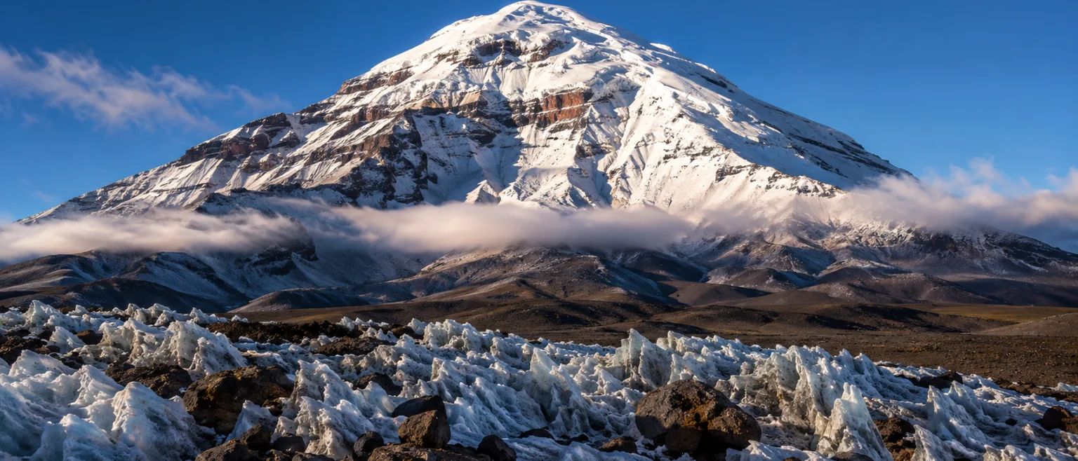 Volcan Chimborazo nevado de forma piramidal visto desde la altiplanicie andina