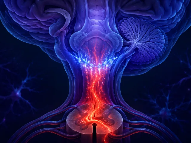 Ilustración del tallo cerebral con un grupo de neuronas brillantes actuando como freno luminoso frente a un flujo de señal de dolor en rojo
