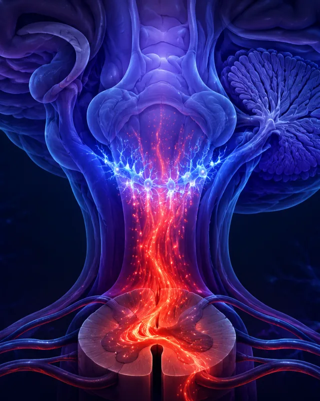 Ilustración del tallo cerebral con un grupo de neuronas brillantes actuando como freno luminoso frente a un flujo de señal de dolor en rojo