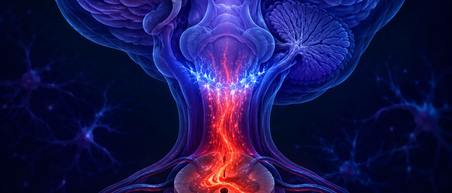 Ilustración del tallo cerebral con un grupo de neuronas brillantes actuando como freno luminoso frente a un flujo de señal de dolor en rojo