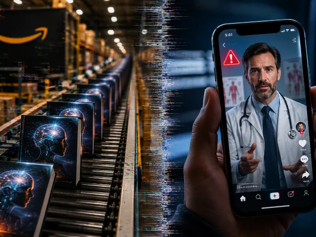 Mitad izquierda con libros falsos generados por IA y mitad derecha con deepfake medico en pantalla de telefono