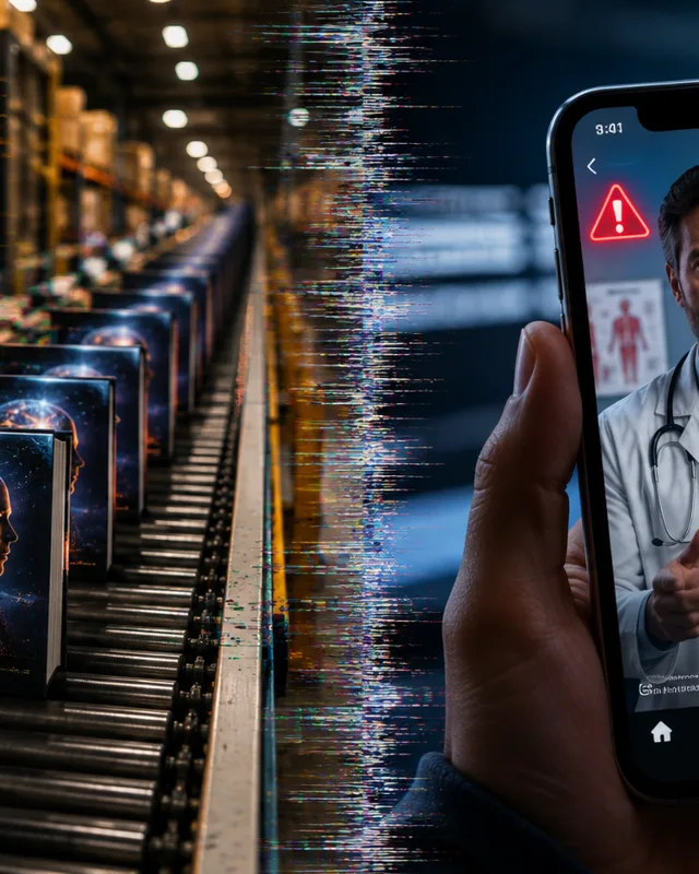 Mitad izquierda con libros falsos generados por IA y mitad derecha con deepfake medico en pantalla de telefono
