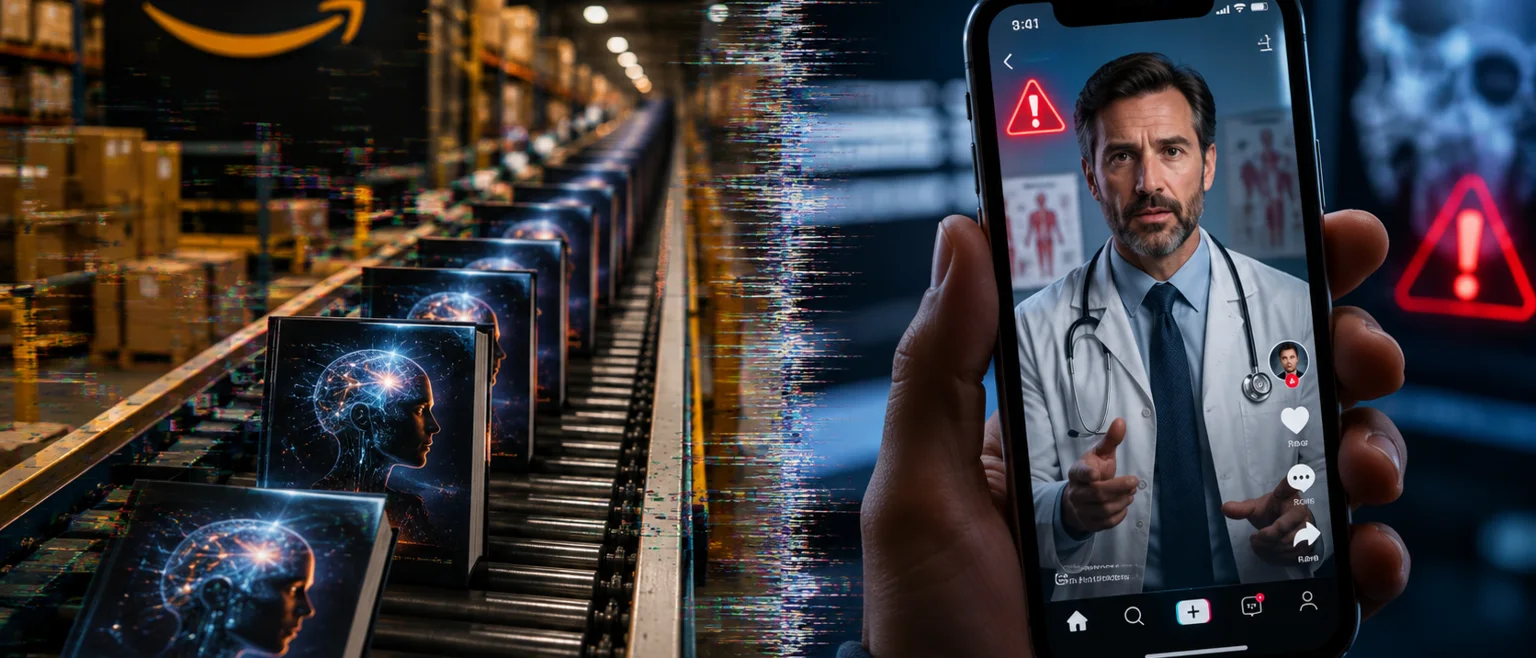 Mitad izquierda con libros falsos generados por IA y mitad derecha con deepfake medico en pantalla de telefono