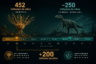 Línea de tiempo geológica marcando el fósil de crinoideo hace 452 millones de años y los primeros dinosaurios 200 millones de años después