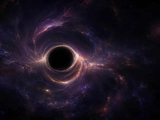 Agujero negro flotando en un vacío violeta y ámbar oscuro con líneas de distorsión gravitacional a su alrededor