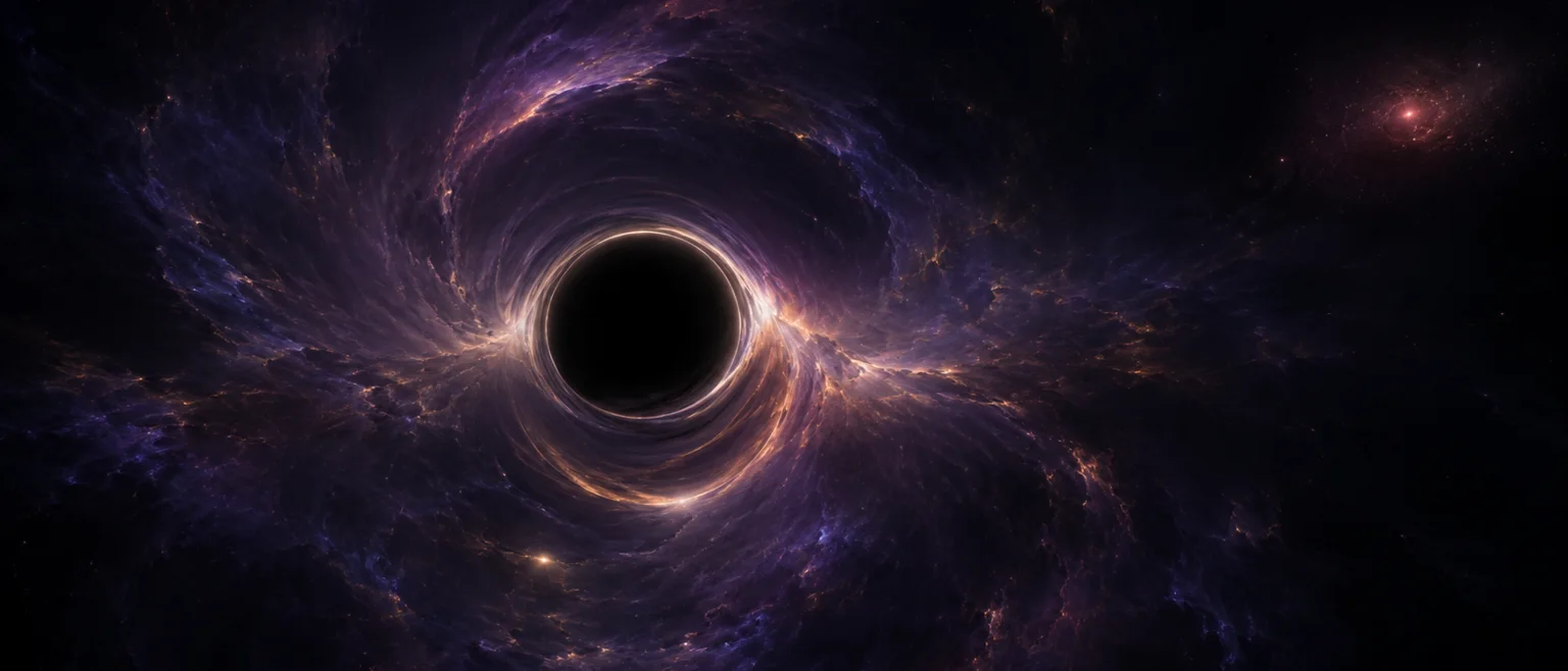 Agujero negro flotando en un vacío violeta y ámbar oscuro con líneas de distorsión gravitacional a su alrededor