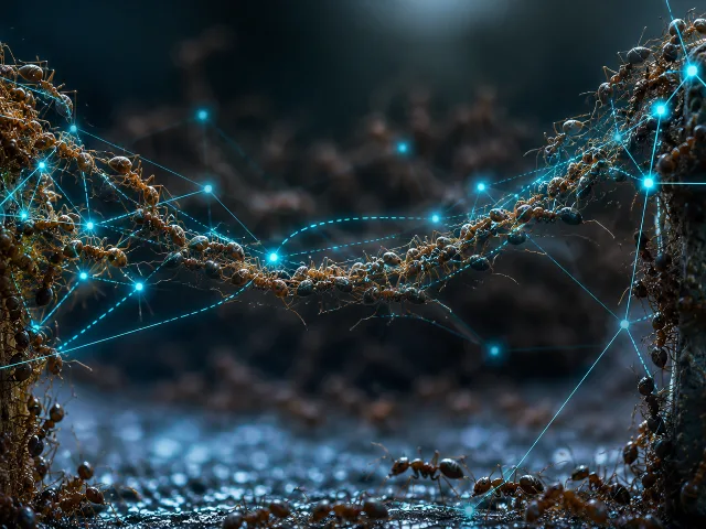 Enjambre de hormigas formando puente con lineas de feromona brillando en cian