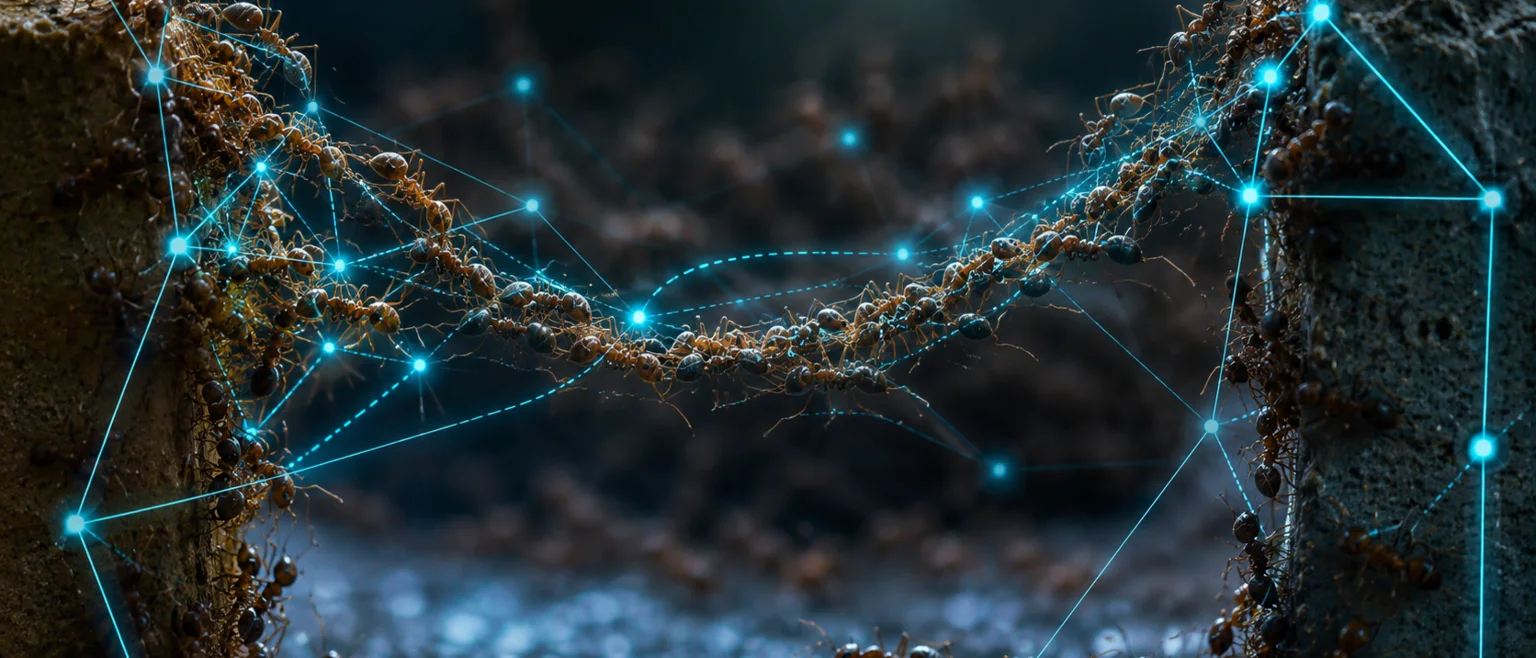 Enjambre de hormigas formando puente con lineas de feromona brillando en cian