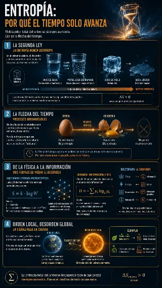 Infografia de la entropia con segunda ley, formula de Boltzmann y la flecha del tiempo