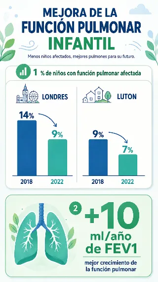 Gráfico comparando la caída de función pulmonar afectada en niños de Londres frente a Luton entre 2018 y 2022