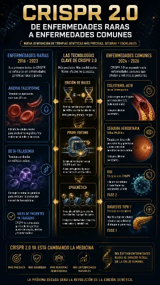 Infografia CRISPR con colesterol alto ceguera anemia VIH diabetes y tecnicas de edicion