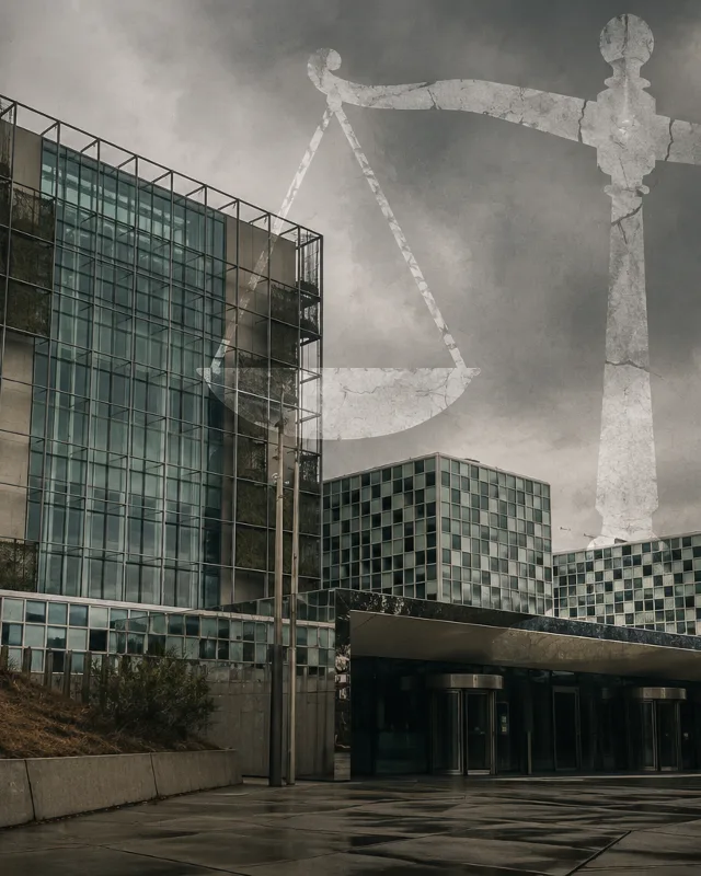 Exterior del edificio de la Corte Penal Internacional en La Haya bajo un cielo nublado, con una balanza de la justicia translúcida ligeramente inclinada