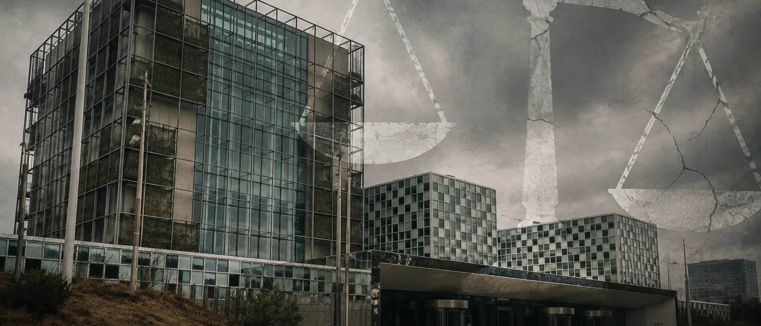 Exterior del edificio de la Corte Penal Internacional en La Haya bajo un cielo nublado, con una balanza de la justicia translúcida ligeramente inclinada
