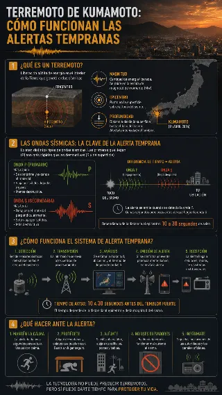 Infografia de alerta temprana de terremotos con ondas P y S y sistema de aviso