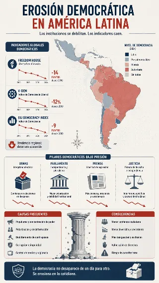 Infografia con mapa de America Latina y termometro de indicadores democraticos
