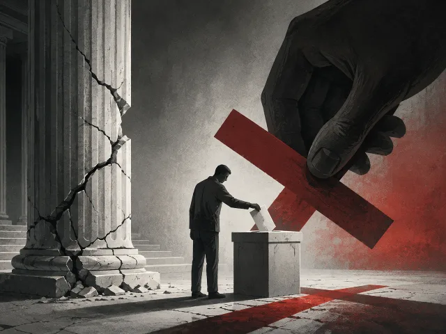 Columna institucional agrietandose y figura votando en la sombra de una mano gigante