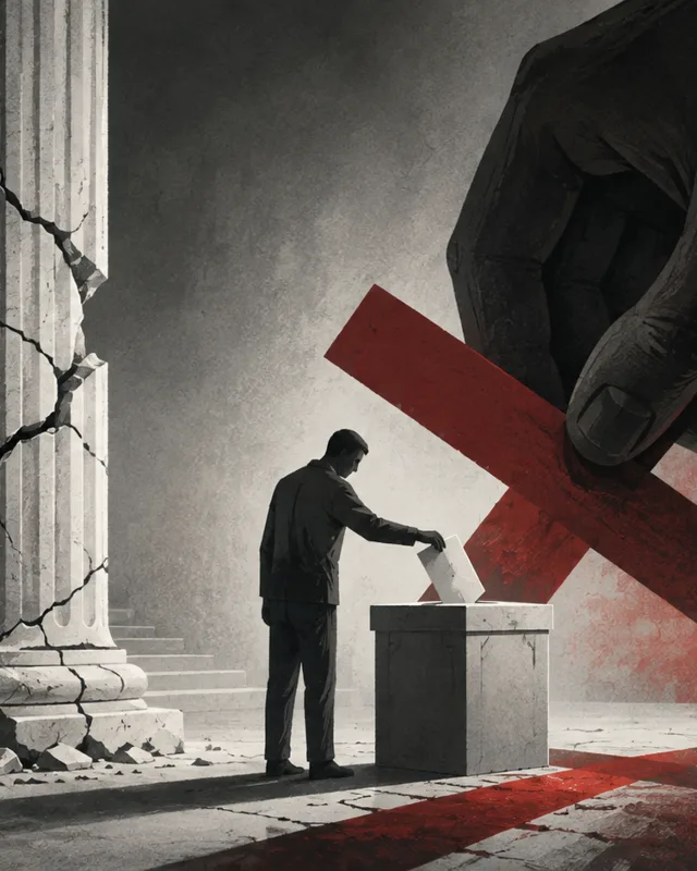 Columna institucional agrietandose y figura votando en la sombra de una mano gigante